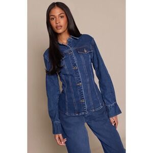 PrettyLittleThing Tall Dark Indigo Long Sleeve Fitted Denim Shirt Size 4 NEW